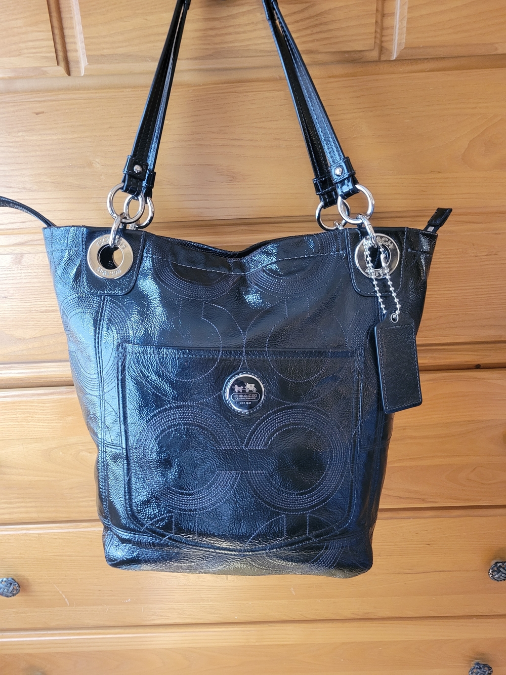 Coach #14265 Alex Black Stitched Patent Leather Tote Shoulder Bucket Bag
